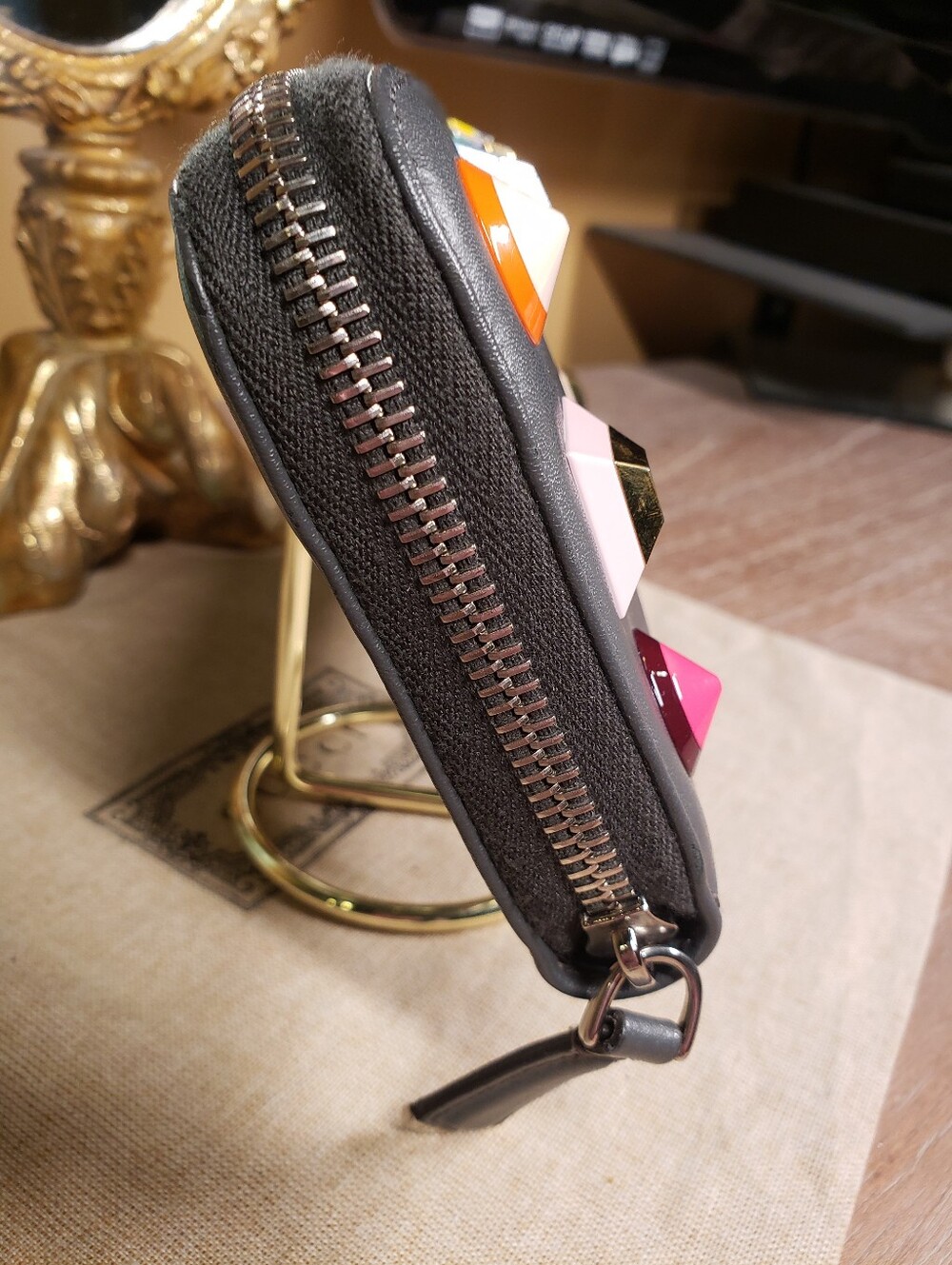 Fendi Gray Leather Zip Around Wallet w/ Multicolor Geometric Studs NWOT! ($950) - Picture 5 of 11